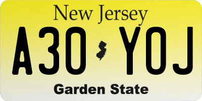 NJ license plate A30YOJ