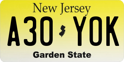 NJ license plate A30YOK