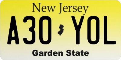 NJ license plate A30YOL