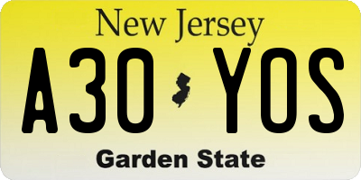 NJ license plate A30YOS