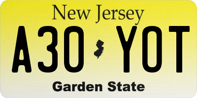 NJ license plate A30YOT