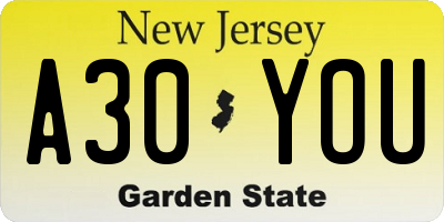 NJ license plate A30YOU