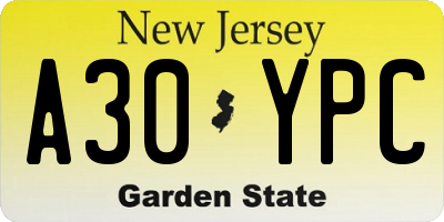 NJ license plate A30YPC