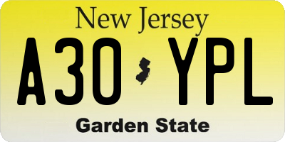 NJ license plate A30YPL