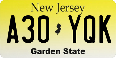 NJ license plate A30YQK
