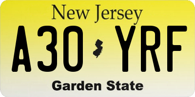 NJ license plate A30YRF