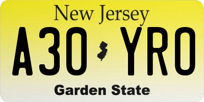 NJ license plate A30YRO