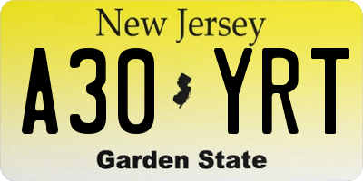 NJ license plate A30YRT