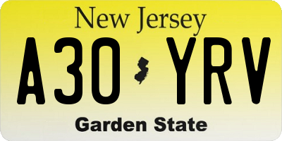 NJ license plate A30YRV