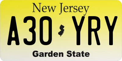 NJ license plate A30YRY