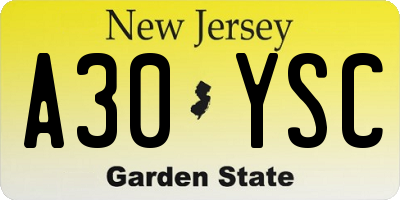 NJ license plate A30YSC