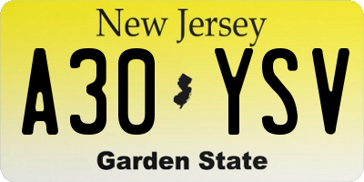 NJ license plate A30YSV
