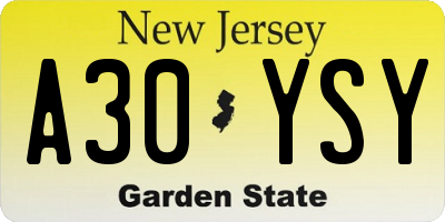NJ license plate A30YSY