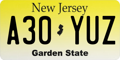 NJ license plate A30YUZ