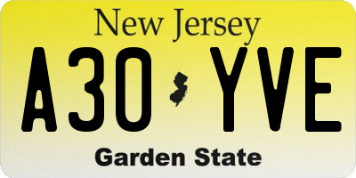 NJ license plate A30YVE