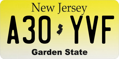 NJ license plate A30YVF