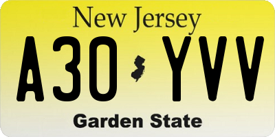 NJ license plate A30YVV