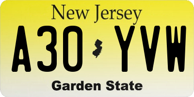 NJ license plate A30YVW