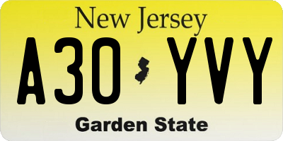 NJ license plate A30YVY
