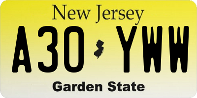 NJ license plate A30YWW