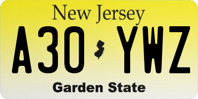 NJ license plate A30YWZ