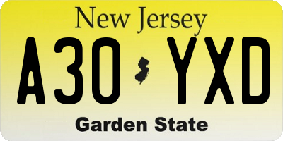 NJ license plate A30YXD