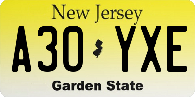 NJ license plate A30YXE