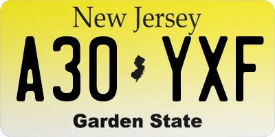 NJ license plate A30YXF
