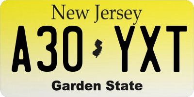 NJ license plate A30YXT