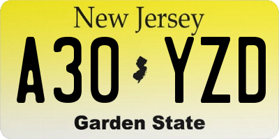 NJ license plate A30YZD