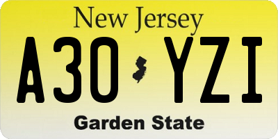 NJ license plate A30YZI