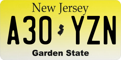 NJ license plate A30YZN