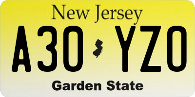 NJ license plate A30YZO
