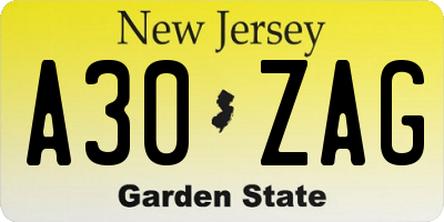 NJ license plate A30ZAG