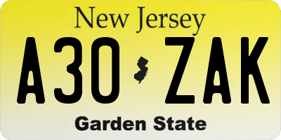 NJ license plate A30ZAK