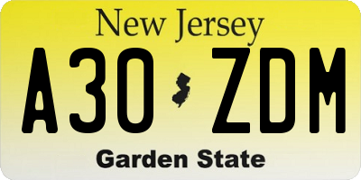 NJ license plate A30ZDM