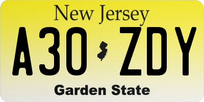NJ license plate A30ZDY