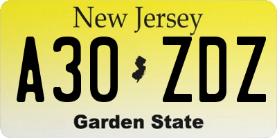 NJ license plate A30ZDZ