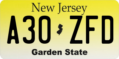 NJ license plate A30ZFD