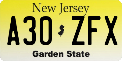 NJ license plate A30ZFX