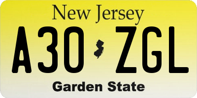 NJ license plate A30ZGL