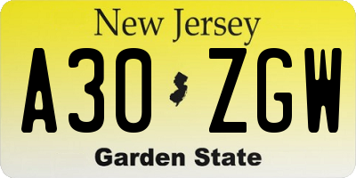 NJ license plate A30ZGW