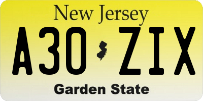 NJ license plate A30ZIX