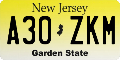 NJ license plate A30ZKM