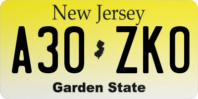 NJ license plate A30ZKO