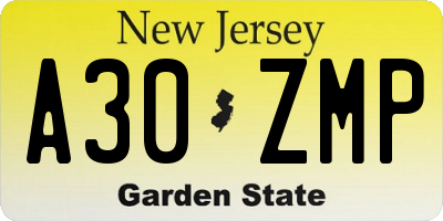 NJ license plate A30ZMP