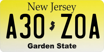 NJ license plate A30ZOA