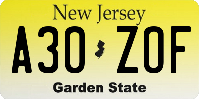 NJ license plate A30ZOF