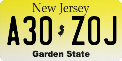 NJ license plate A30ZOJ