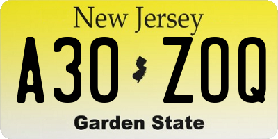NJ license plate A30ZOQ